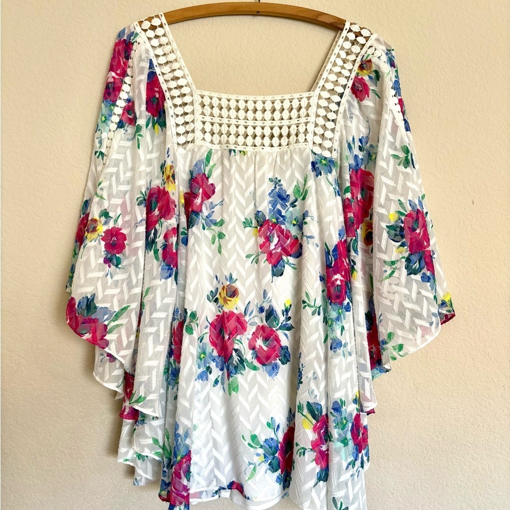 Meadow Rue Anthropologie Boho Babydoll Peasant Top M Crochet Floral Cottagecore - Picture 3 of 10